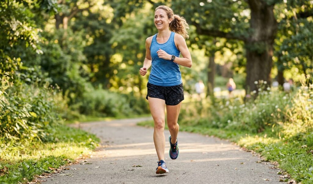 A bright, high-quality photograph of a recreational runner jogging through a sunlit park