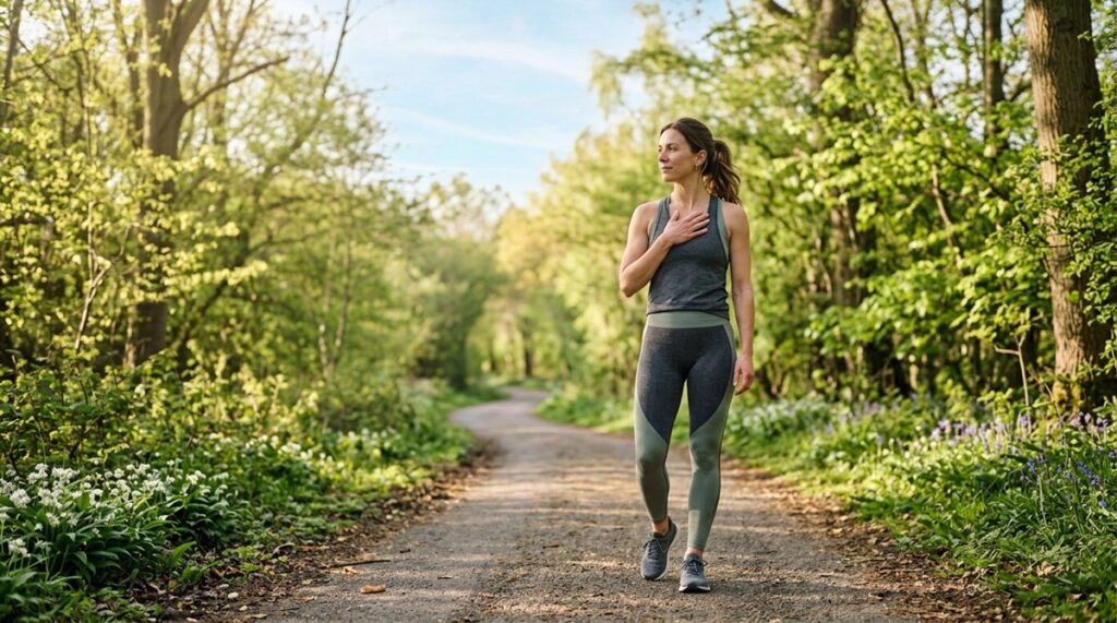 Person pausing during a spring outdoor workout, breathing deeply on a tree-lined path in soft morning light.