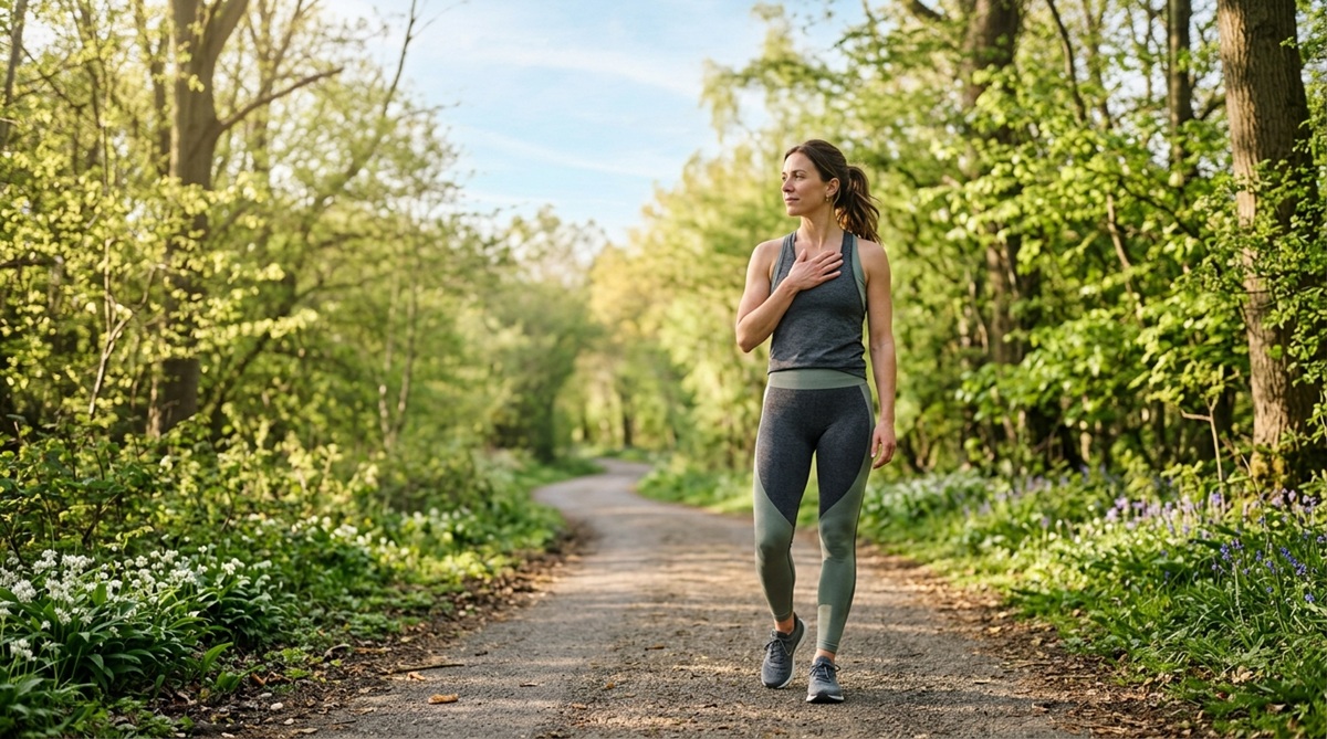 Person pausing during a spring outdoor workout, breathing deeply on a tree-lined path in soft morning light.