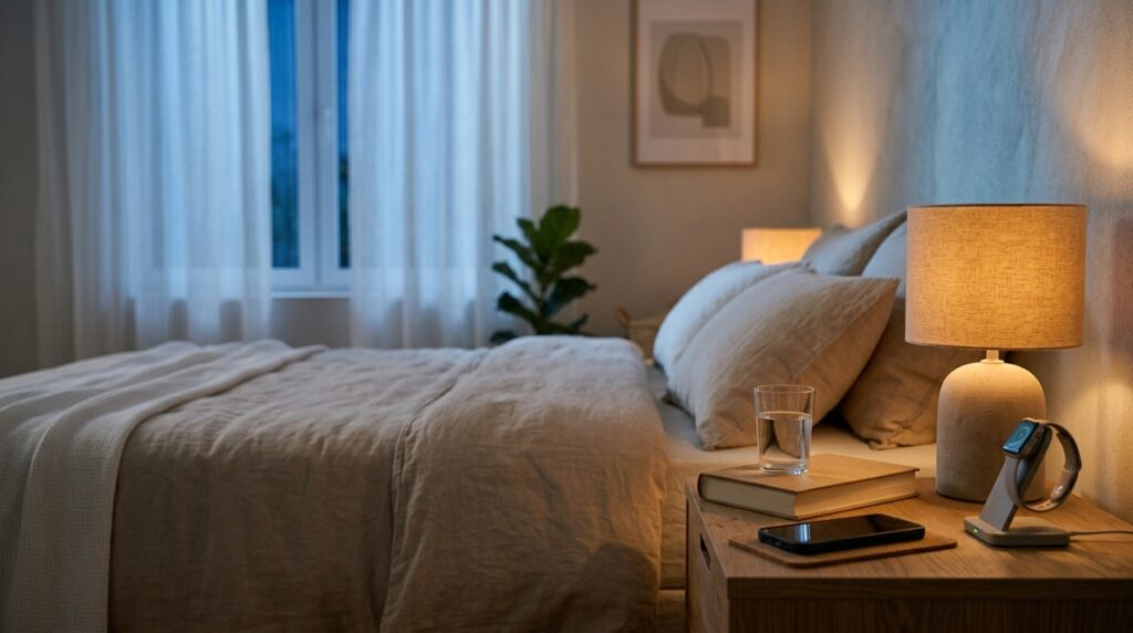 Calm evening bedroom scene with a book, glass of water, and smartwatch, representing healthy bedtime habits and consistent sleep routines.