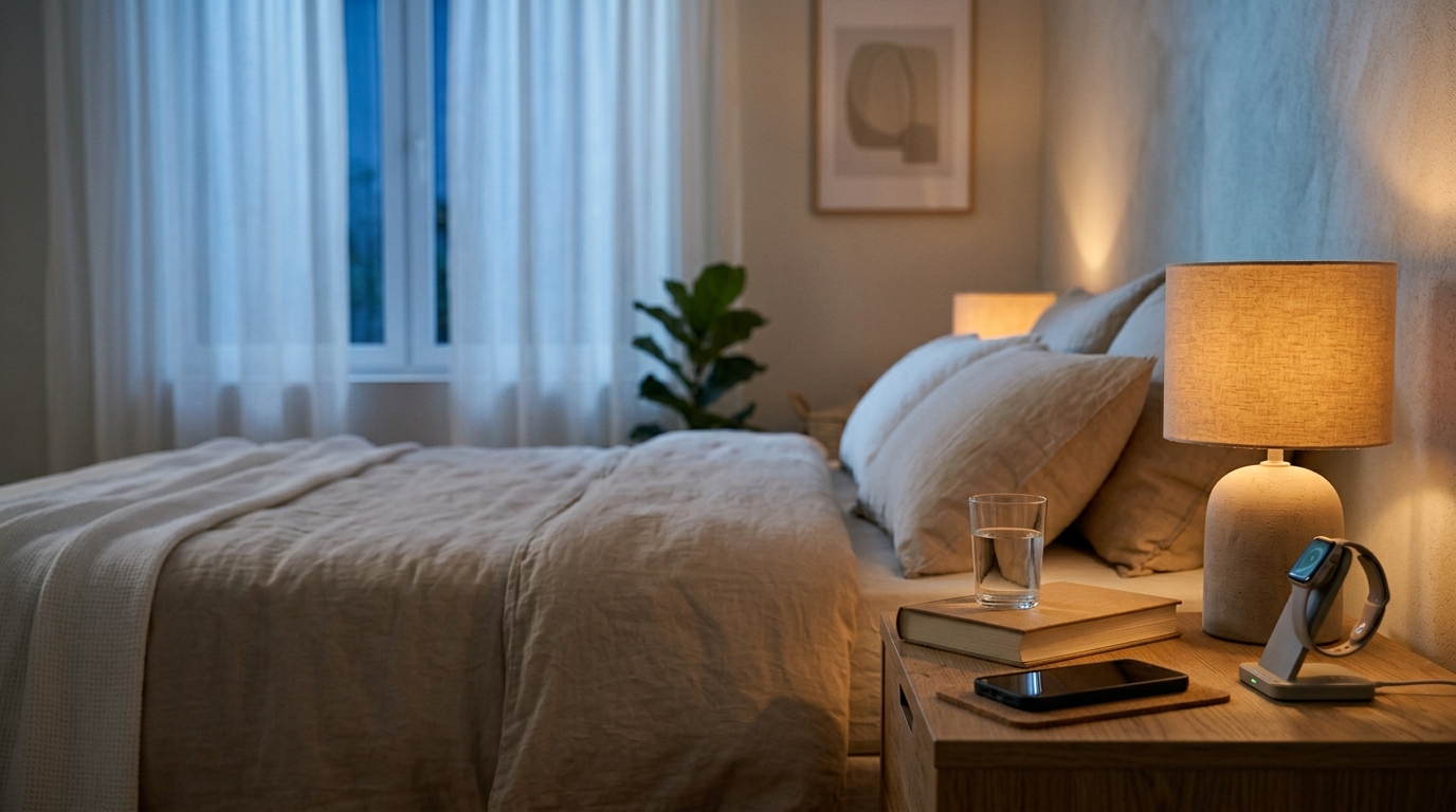 Calm evening bedroom scene with a book, glass of water, and smartwatch, representing healthy bedtime habits and consistent sleep routines.