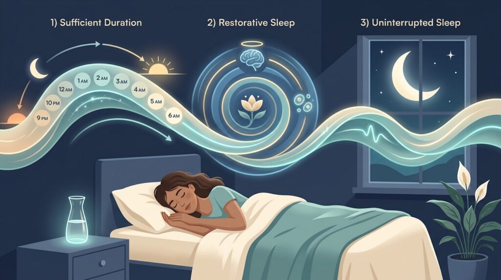 Editorial illustration showing the three core parts of a sleep score: sufficient sleep, restorative sleep, and uninterrupted sleep.