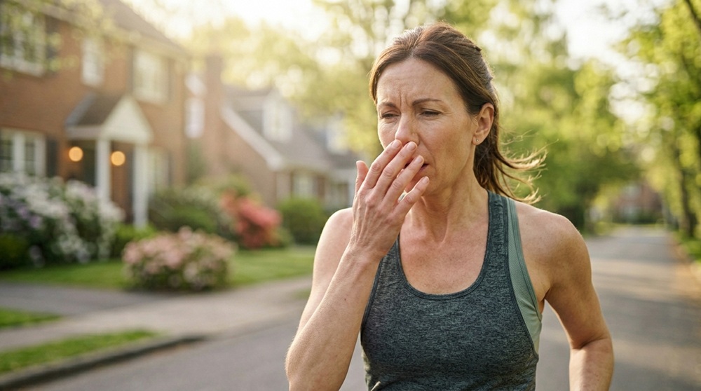 sneezing from allergy symptoms, medium close-up framing