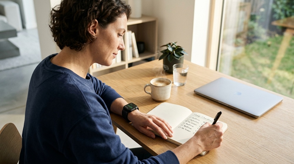 person sitting at a table and reviewing a handwritten sleep checklist